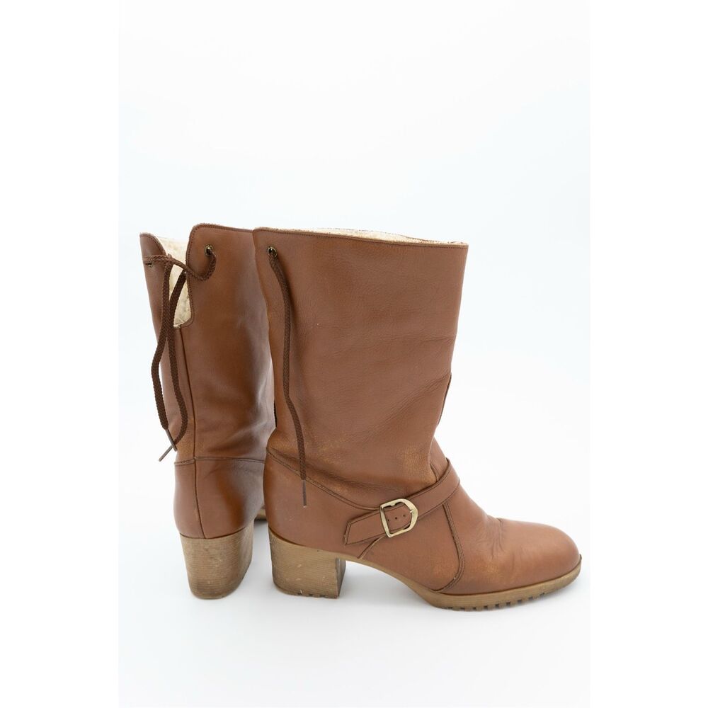 Vintage Brown Leather Shearling Lined Buckle Mid-Calf Boots – Women’s